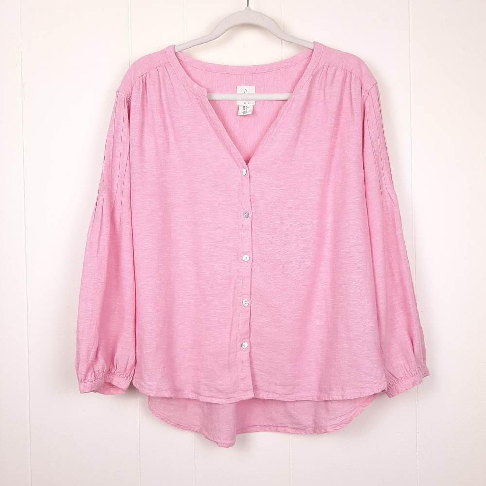 Joie linen blend balloon sleeve button up top feminine beach woven light pink